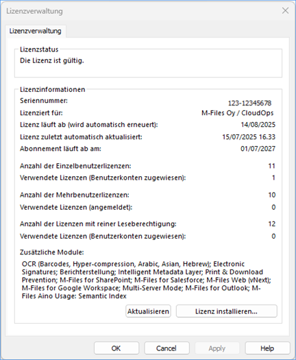 Der Lizenzverwaltungsdialog zeigt den Lizenzstatus und Informationen an. Der Lizenzverwaltungsdialog zeigt den Lizenzstatus und Informationen an.