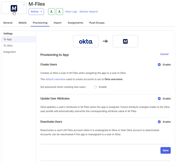 Image of the Provisioning to App settings Image of the Provisioning to App settings