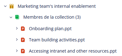 Exemple de relations déployées pour une collection de documents dans la zone de liste.